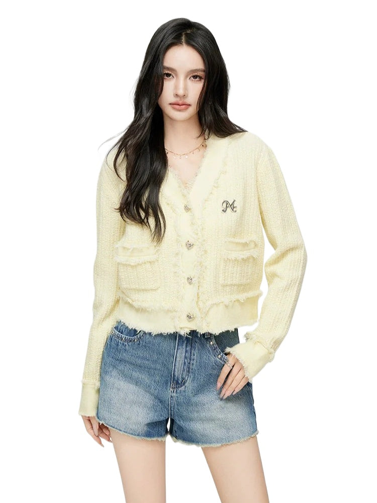 Milk Yellow & Gray V-Neck Knit Cardigan - CHINASQUAD