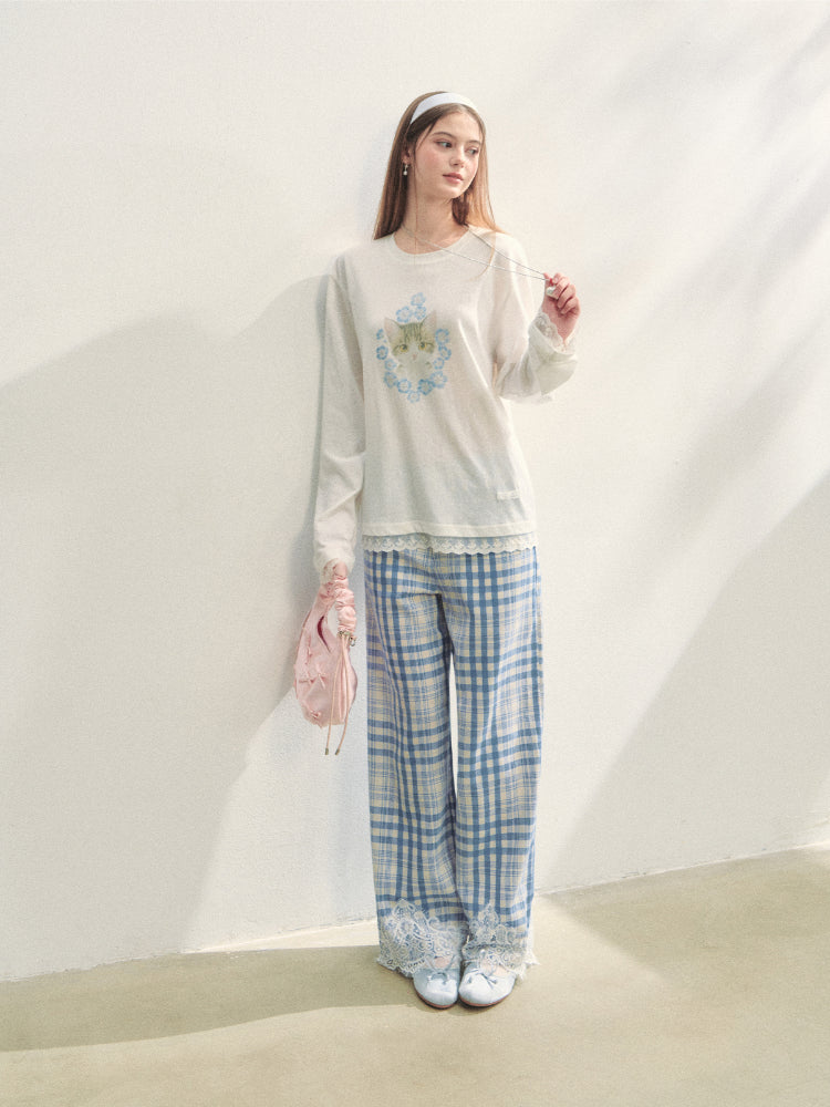 Lace Panel Animal Print Long-Sleeve Tee - CHINASQUAD