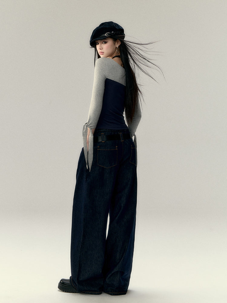 Color Block Waist Tie 3/4 Sleeve T-shirt - CHINASQUAD