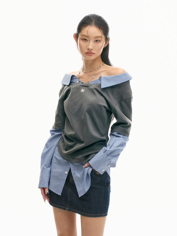 Off-shoulder Slimming Shirt Patchwork T-shirt - CHINASQUAD