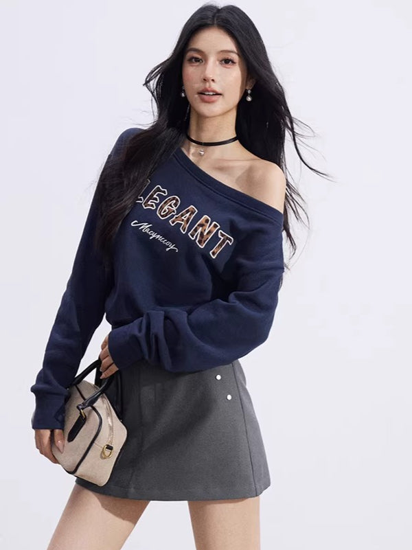 Off-Shoulder Letter-Print Cropped Sweatshirt