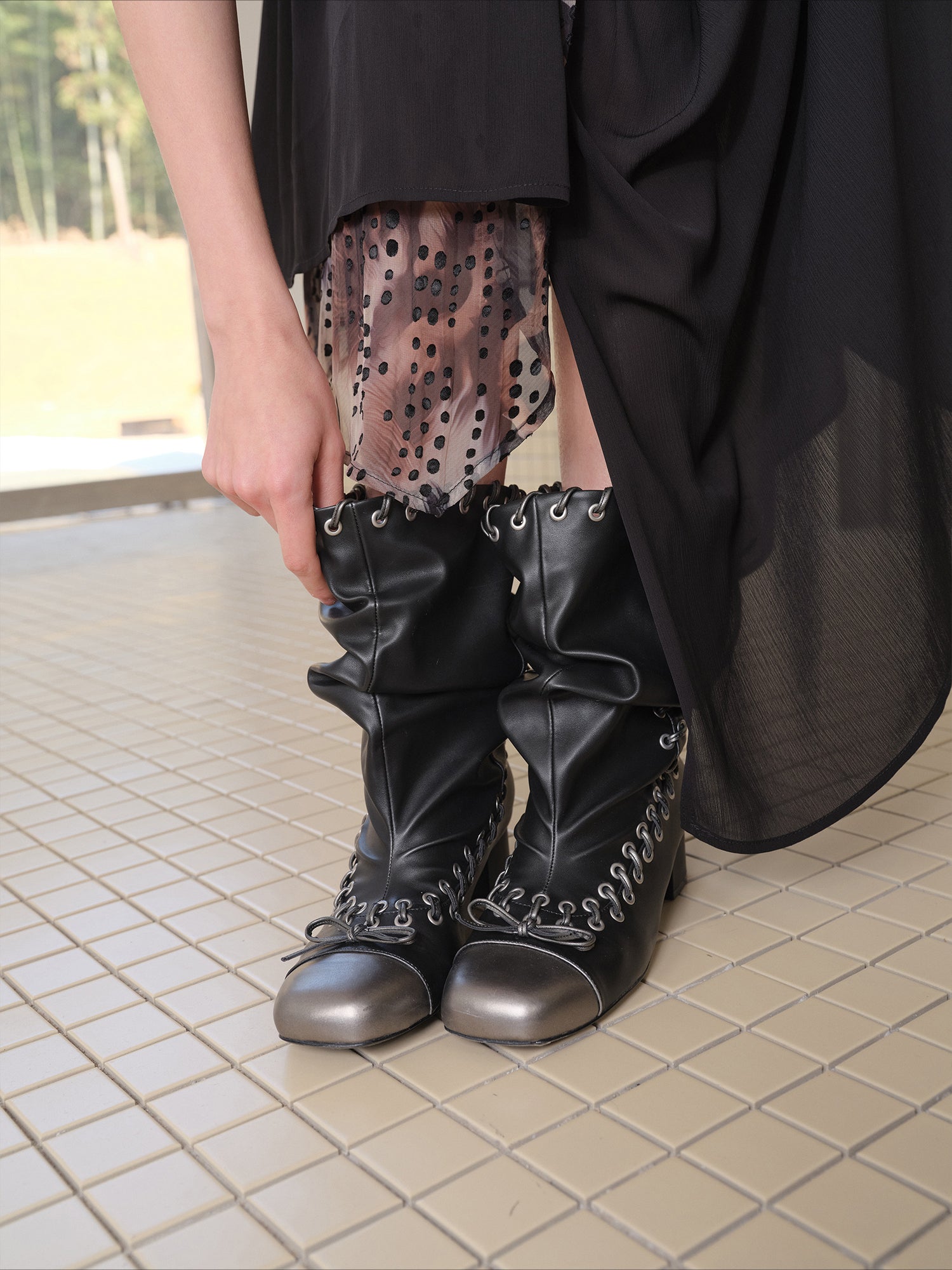 Punk Metal Toe Lace-Up Slouch Boots - CHINASQUAD
