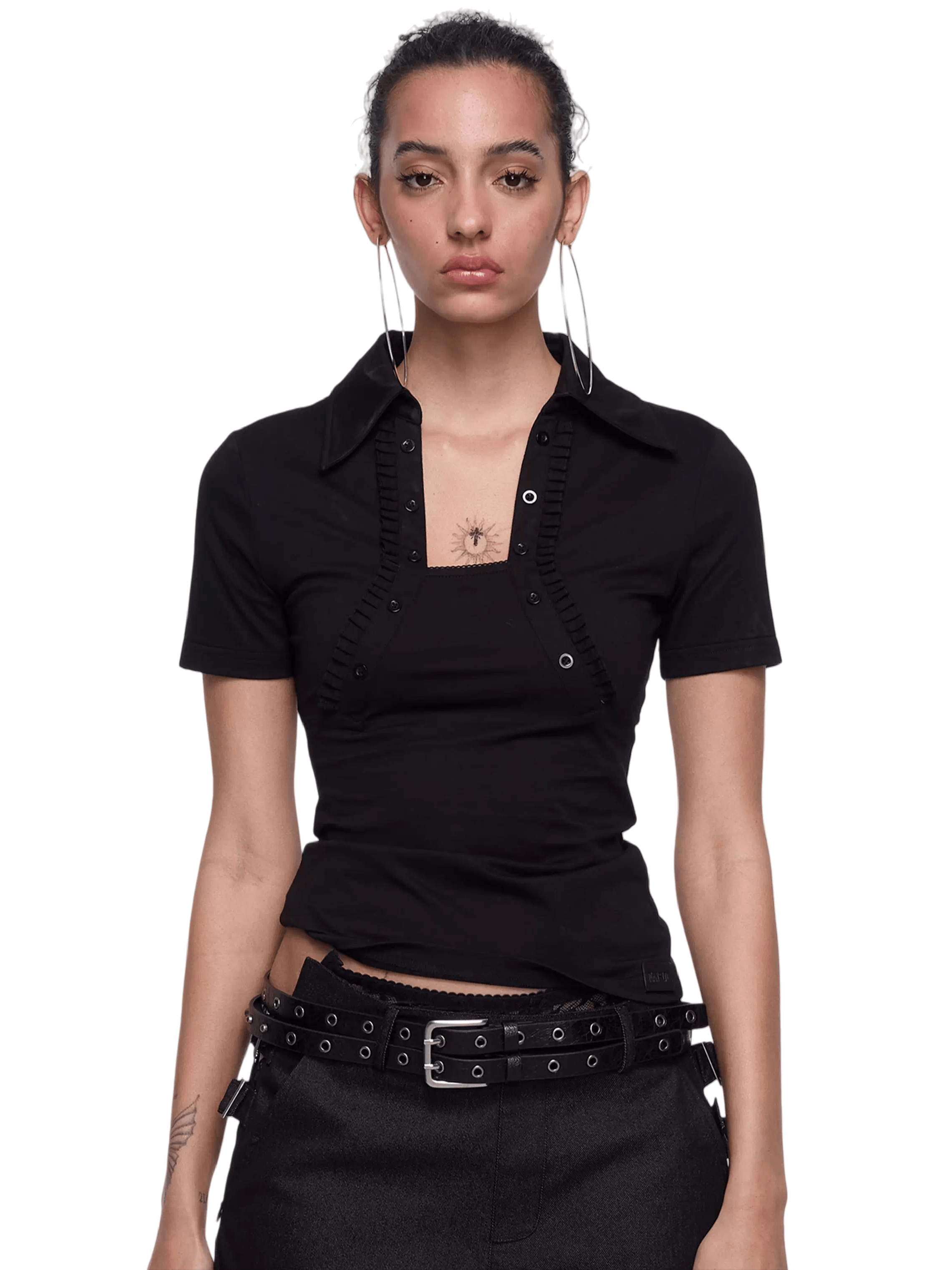 Backless Letter Print Lace-Trim Polo T-Shirt