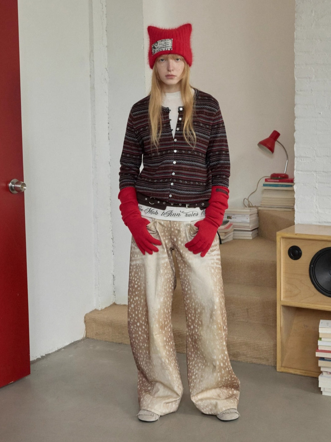 Vintage Deer Print Curved-Leg Canvas Pants