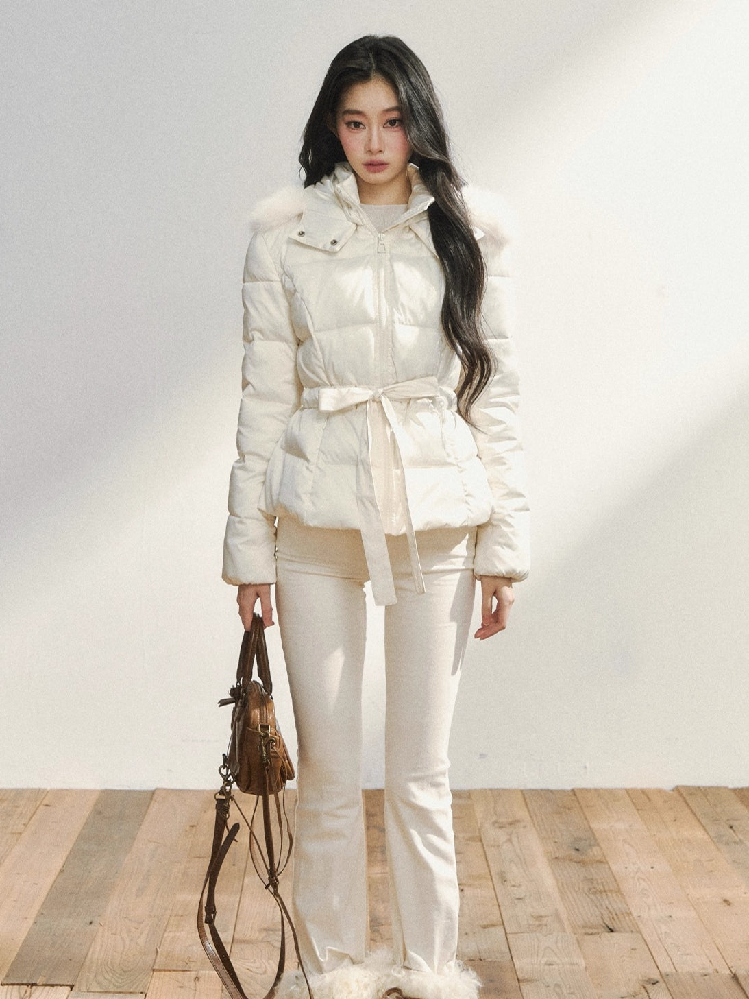 Two-Tone Belted Detachable Fur Hood Down Jacket