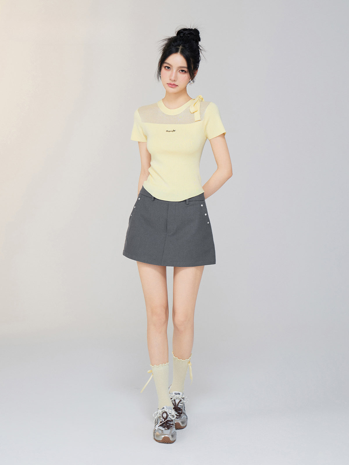 Hollow-out Tie-up Knit Round Neck Short Sleeve Top - CHINASQUAD