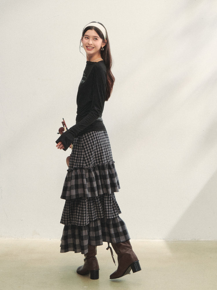 Plaid Patchwork Lace Waist Layered Cake Skirt - CHINASQUAD