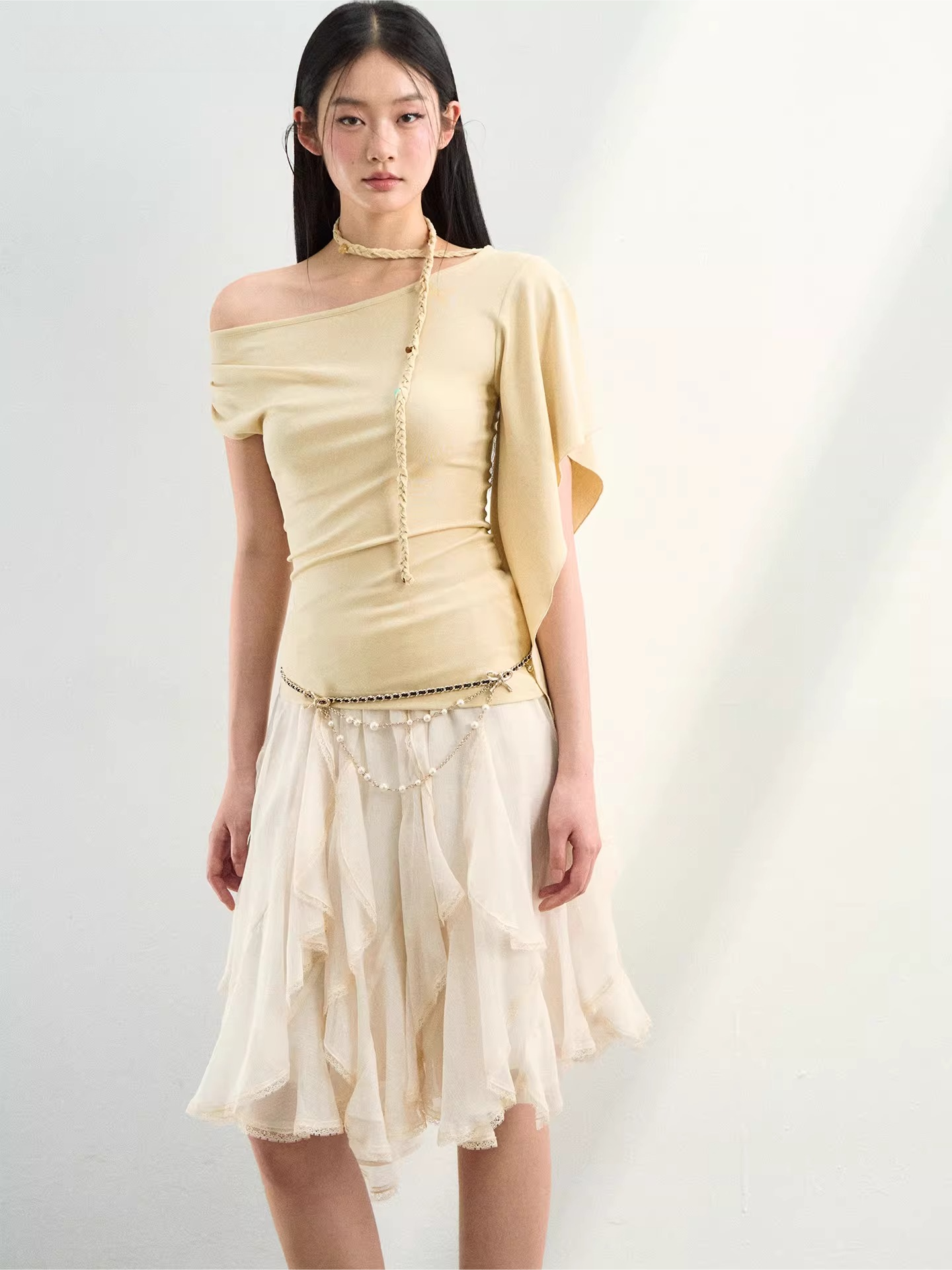 Asymmetrical Off-Shoulder Draped Blouse