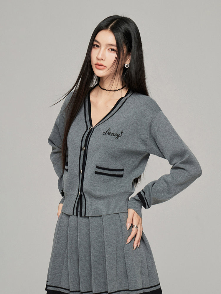 Contrast Color Knit V-neck Cardigan Set - CHINASQUAD