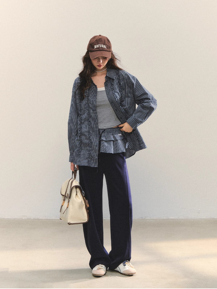 Plaid Ruffle Pleated Loose Long-Sleeve Shirt