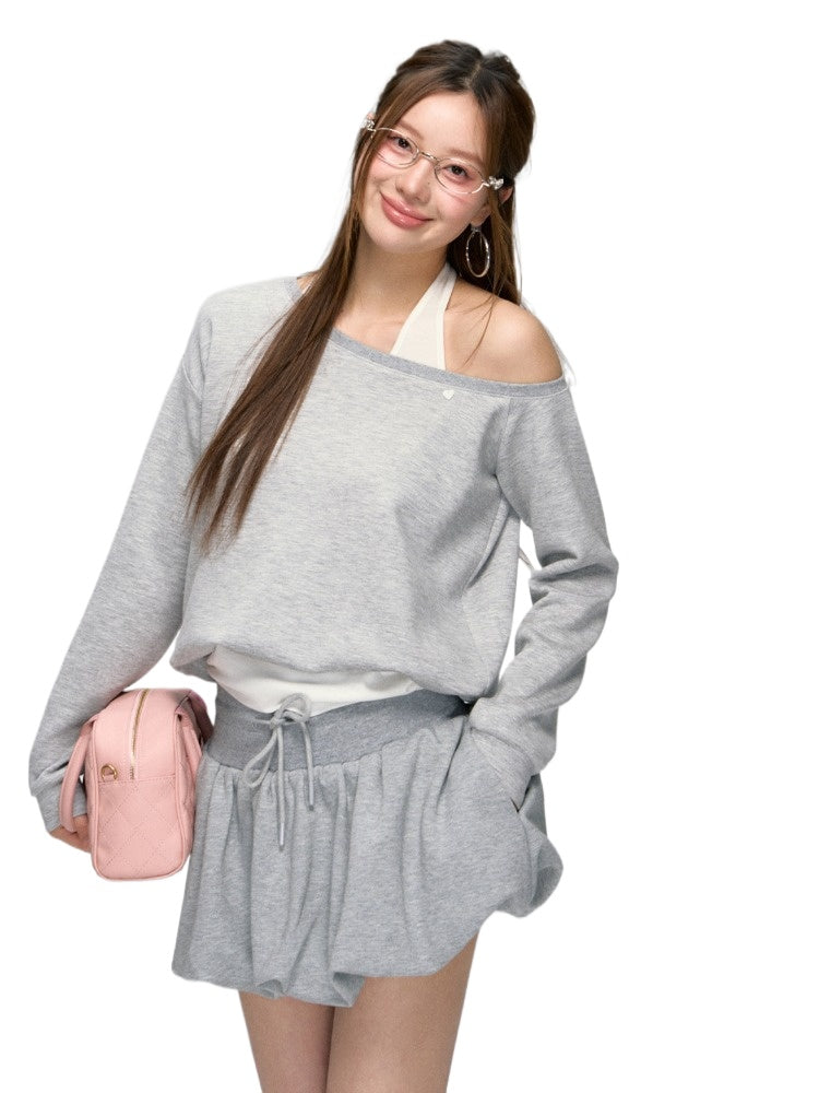 Gray Sporty Slanted Sweatshirt & Skirt Set - CHINASQUAD
