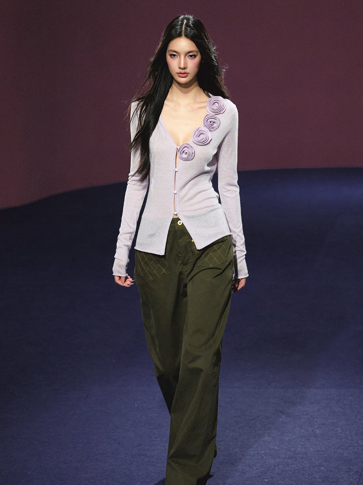 3D Rose Appliqué Sheer Knit Cardigan - CHINASQUAD