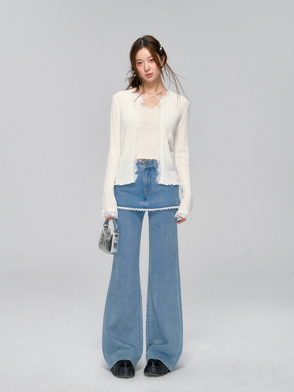 Lace Layered Faux Two-Piece Denim Pants - CHINASQUAD