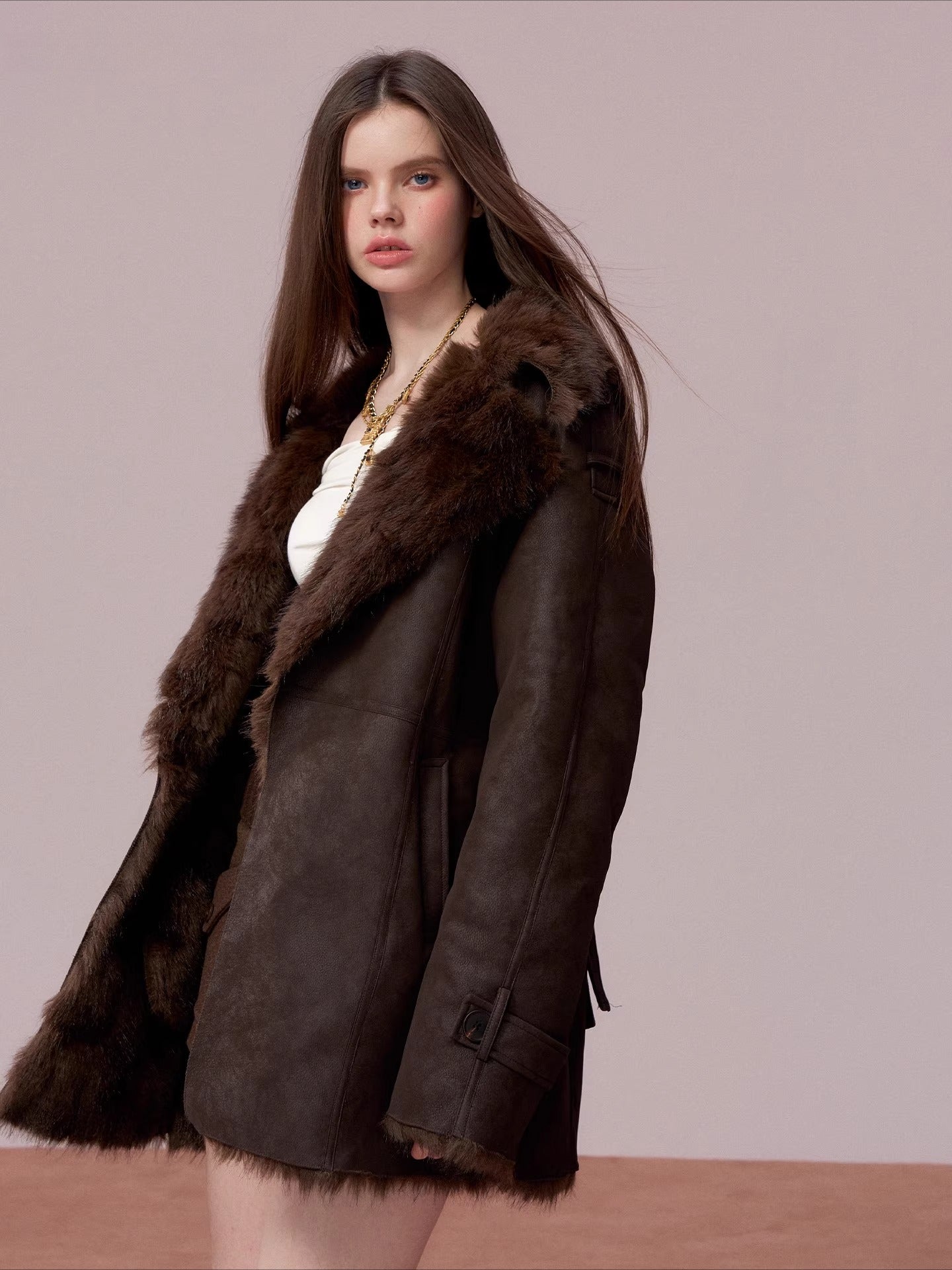 Faux Shearling-Lined PU Belted Coat