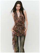 Halter Leopard Print Gathered-Waist Sleeveless Dress - CHINASQUAD