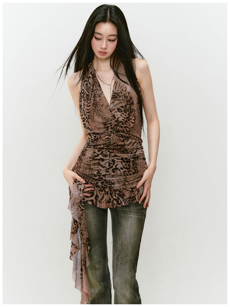 Halter Leopard Print Gathered-Waist Sleeveless Dress