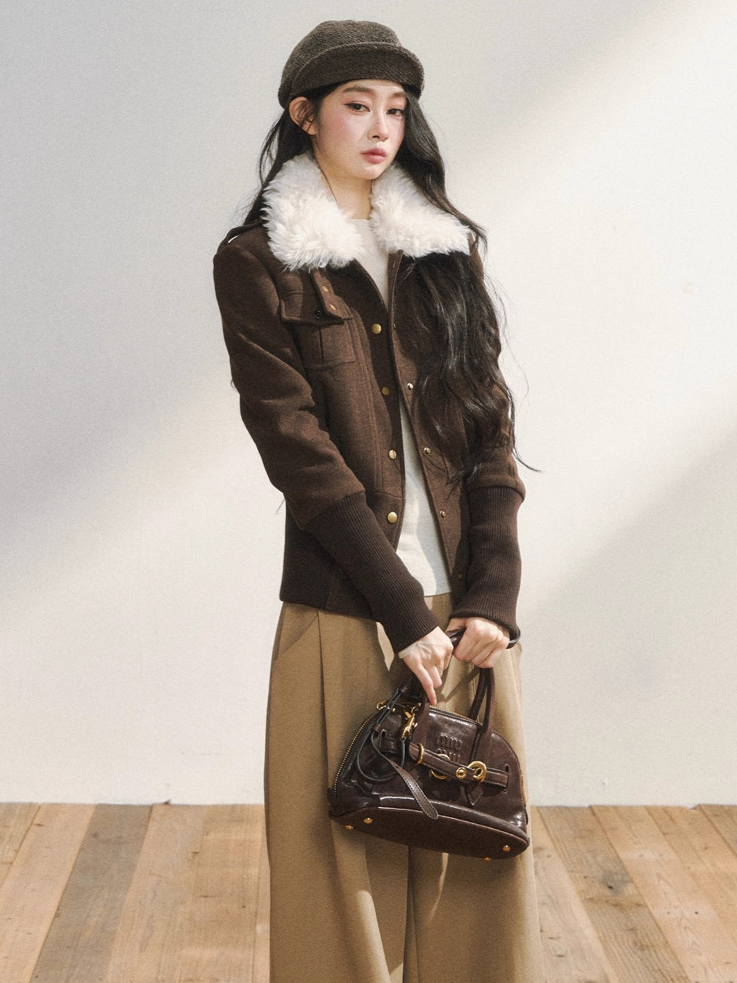 Vintage-Inspired Brown Fleece Lining Wool-Blend Jacket