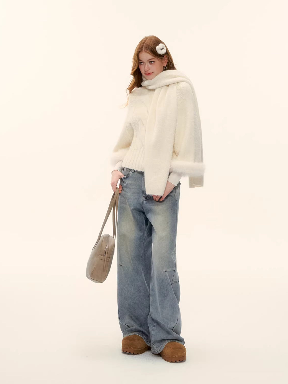 Vintage Washed Curved-Leg Denim Pants