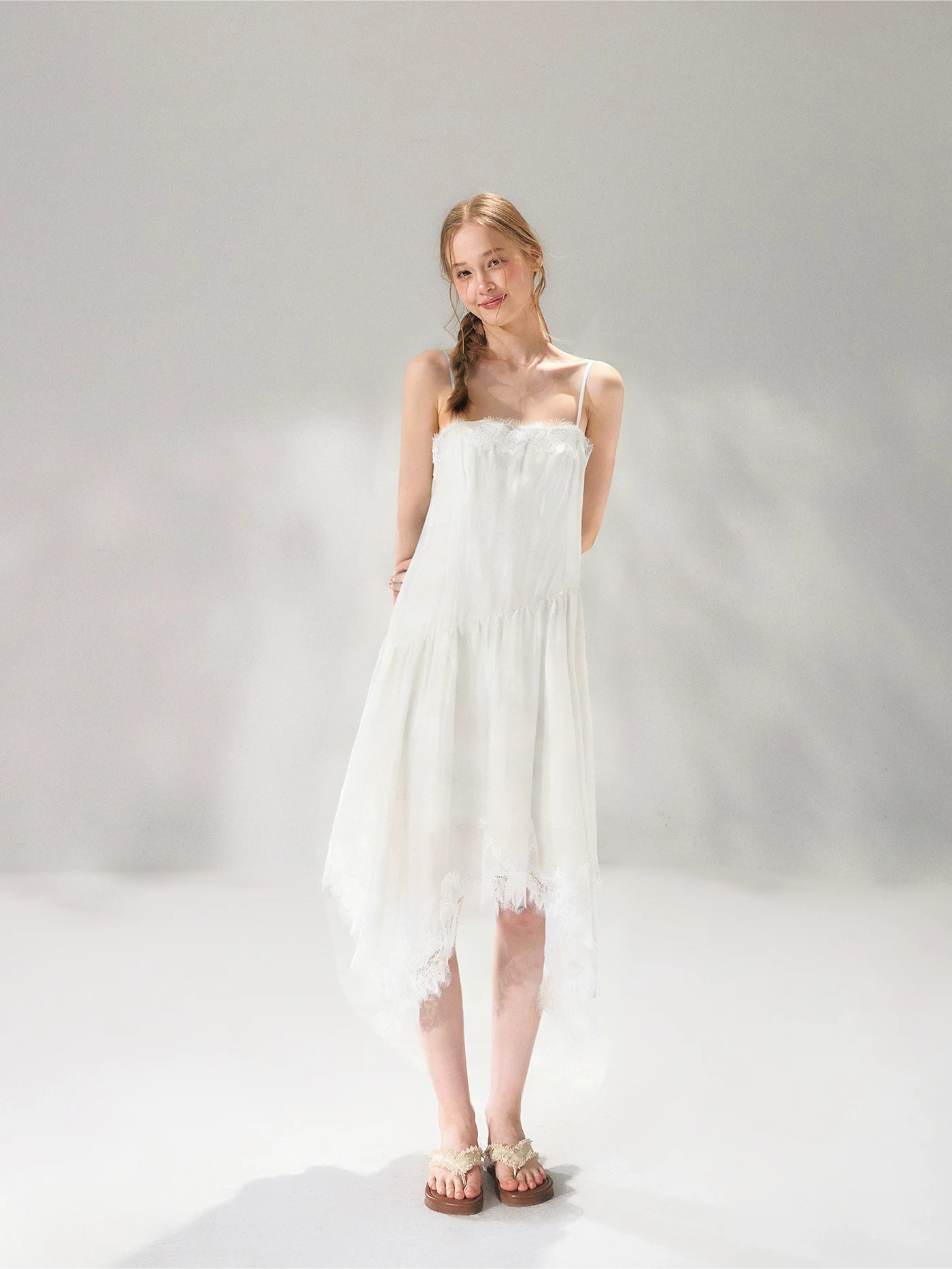Asymmetric Lace-Trim Slip Midi Dress
