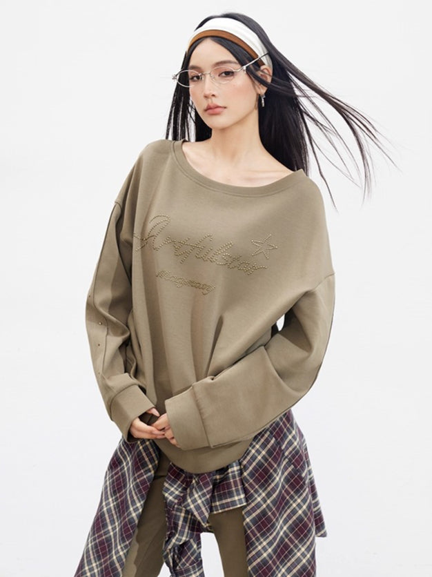Studded Letter Off-Shoulder Sweatshirt