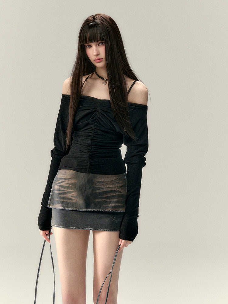 Two-Way Off-Shoulder Ruched Long Sleeve Blouse - CHINASQUAD