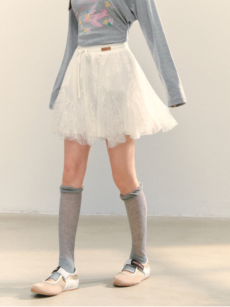High-Waist Lace Tie Puff Skirt - CHINASQUAD