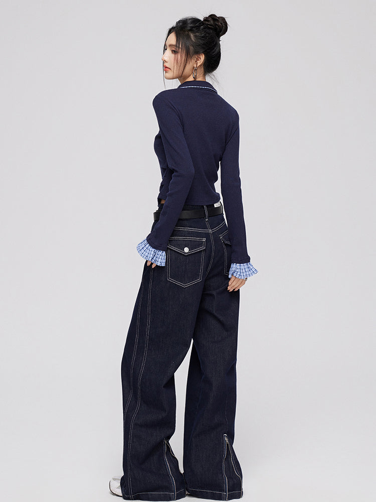 Plaid Splicing Knit Blouse - CHINASQUAD