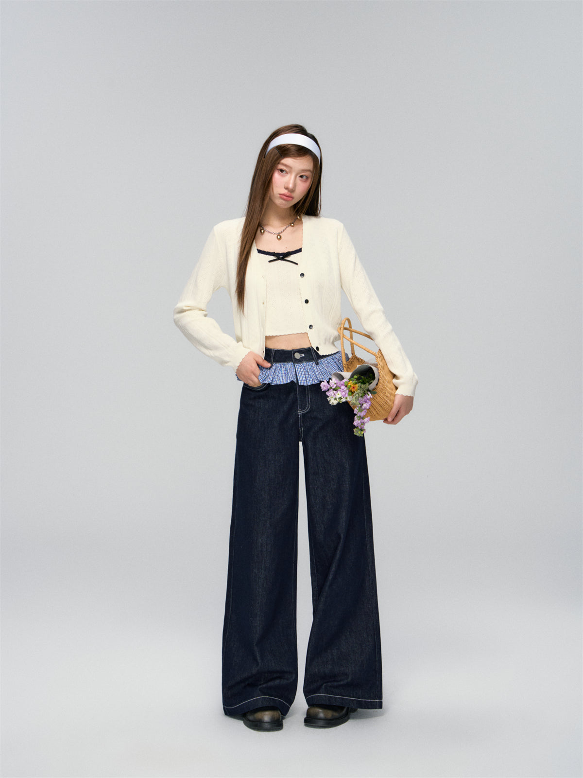 Ruffled Plaid Patchwork Straight Jeans - CHINASQUAD