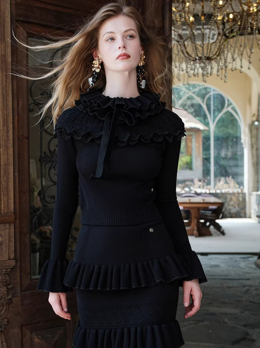 Lace Ruffle Knit Top & Midi Skirt Two-Piece Set