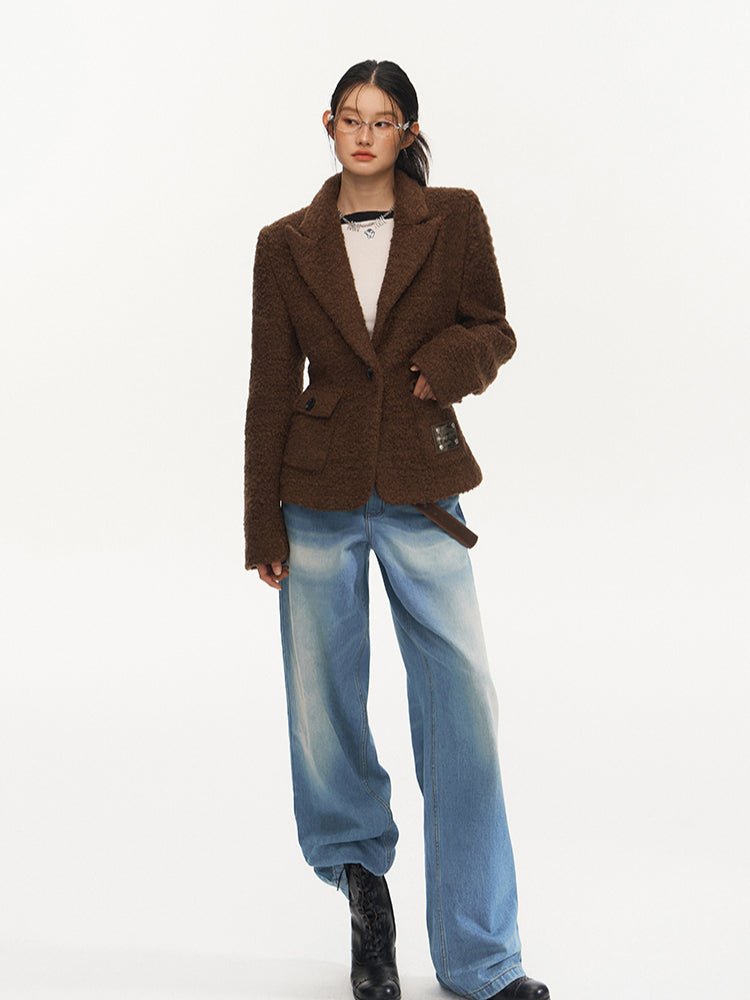 Brown Vintage Waist Woolen Blazer - CHINASQUAD