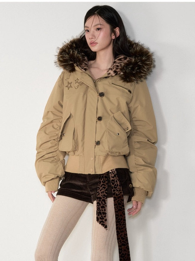 Studded Faux Fur Collar Bomber Down Jacket - CHINASQUAD