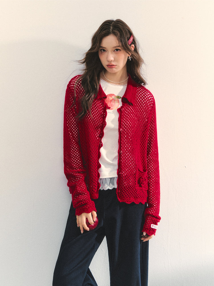 Hollow-out 3D Flower Crochet Lapel Cardigan - CHINASQUAD
