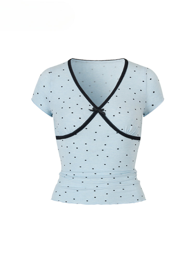 Waist-Cinched Polka Dot Short Sleeve T-shirt - CHINASQUAD