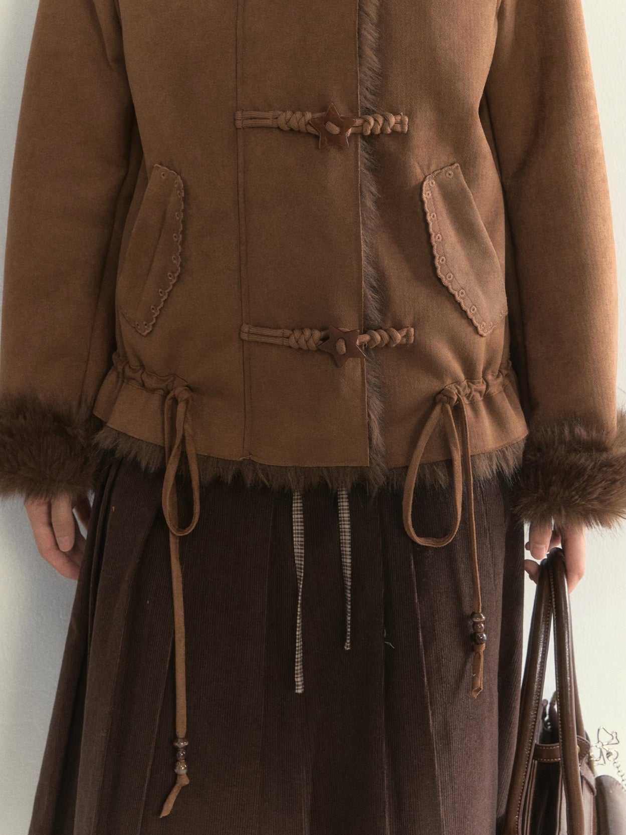 Oak Brown Suede Embroidered Shearling Jacket