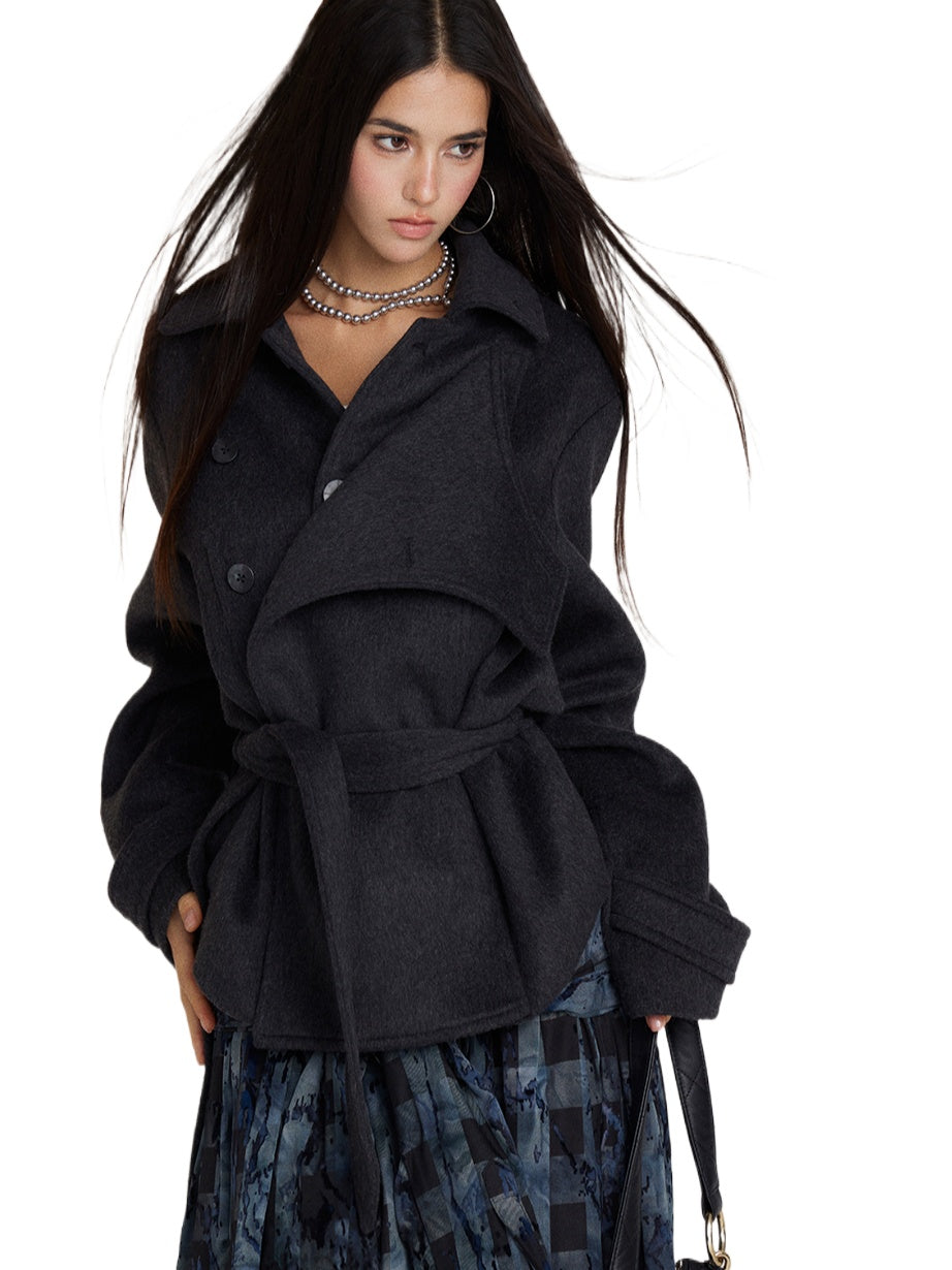 Faux Two-Piece Belted Layered Coat - CHINASQUAD