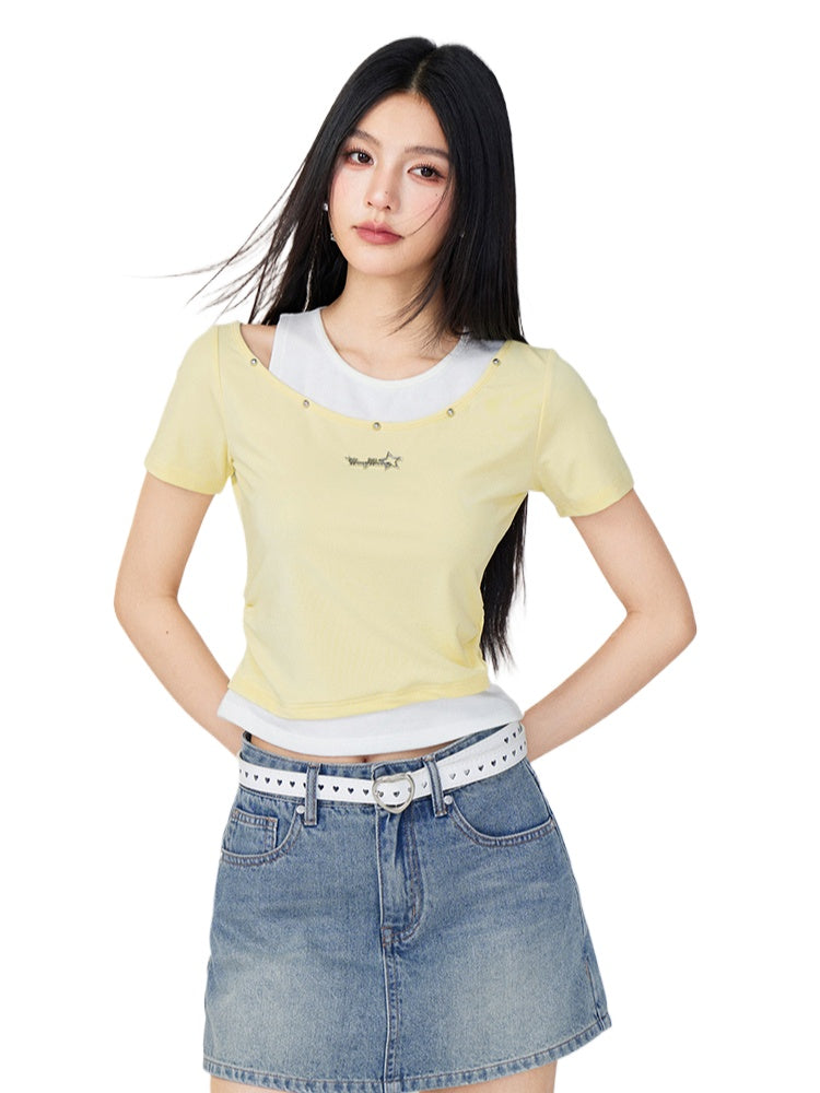 Faux Two-Piece Color-Blocked T-shirt - CHINASQUAD