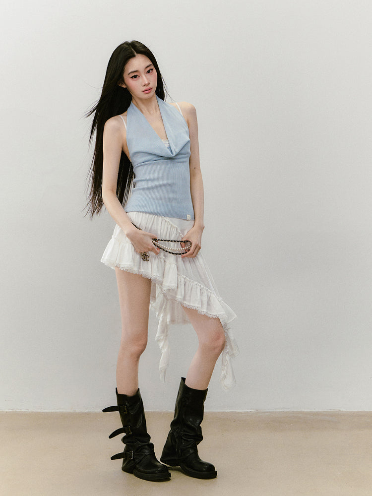 Irregular Hem Ribbon Lace Midi Skirt - CHINASQUAD