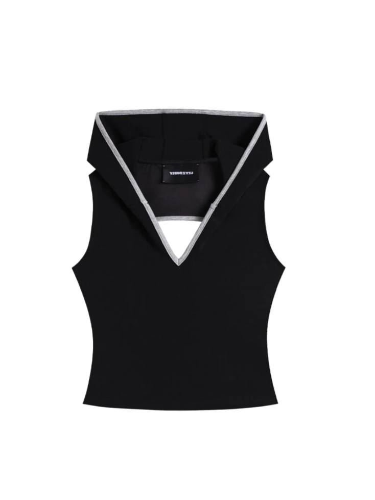 V-Cutout Hooded Sleeveless Trim Top In Black