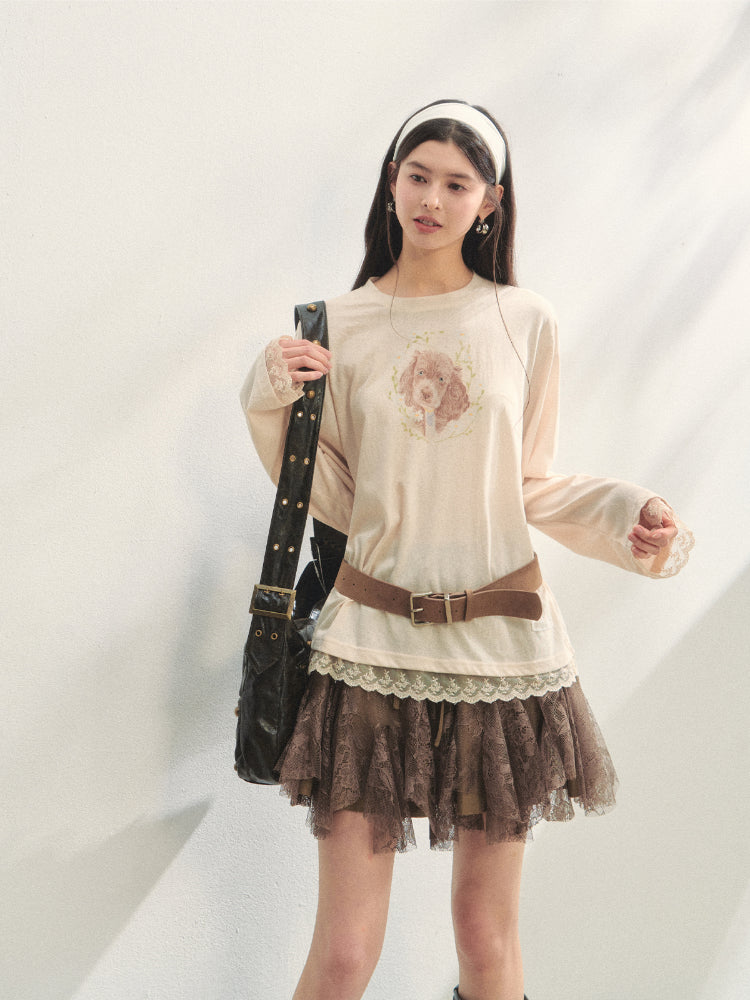 Lace Panel Animal Print Long-Sleeve Tee - CHINASQUAD