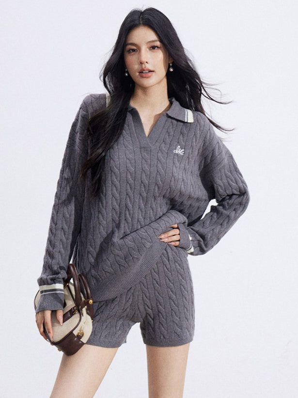 Color-Block Knit Top and Shorts Two-Piece Set
