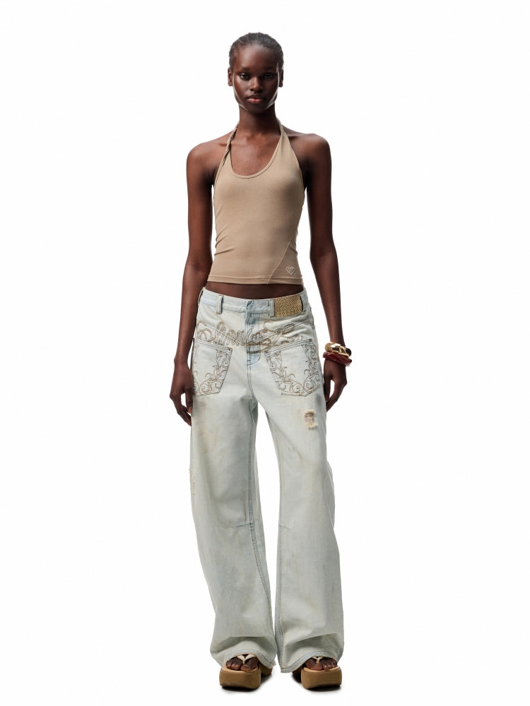 Slanted U-Neck Knot Embroidery Vest - CHINASQUAD