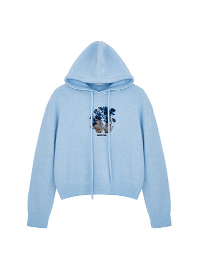 Blue & Pink Floral Embroidery Hooded Knit Sweatshirt