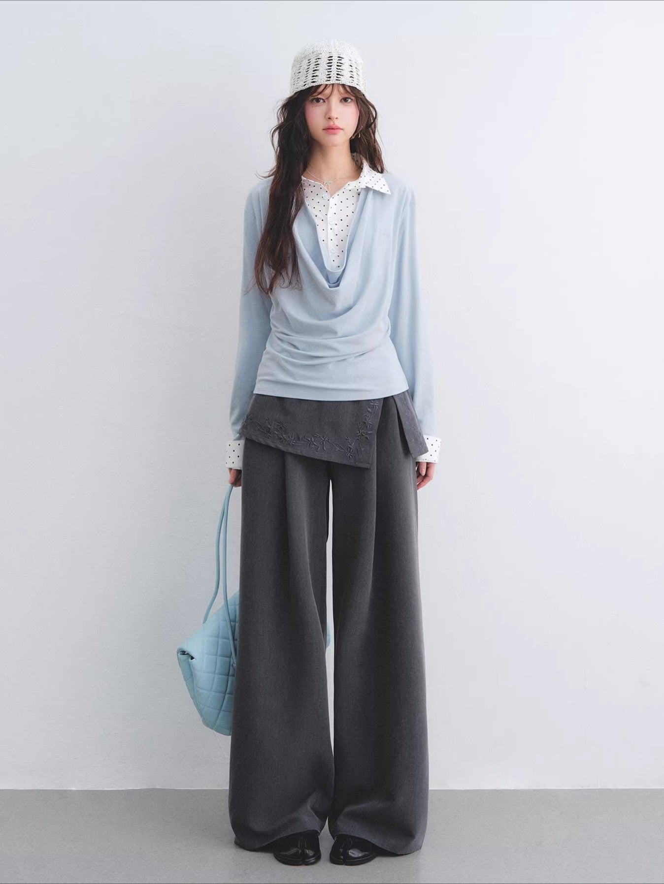 Embroidered Panel Wide-Leg Tailored Trousers