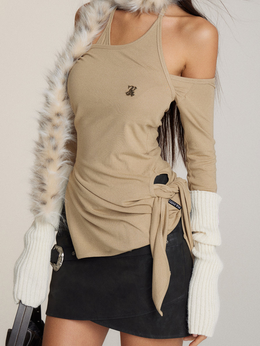 Off-Shoulder Two-Way Tie Irregular T-Shirt - CHINASQUAD