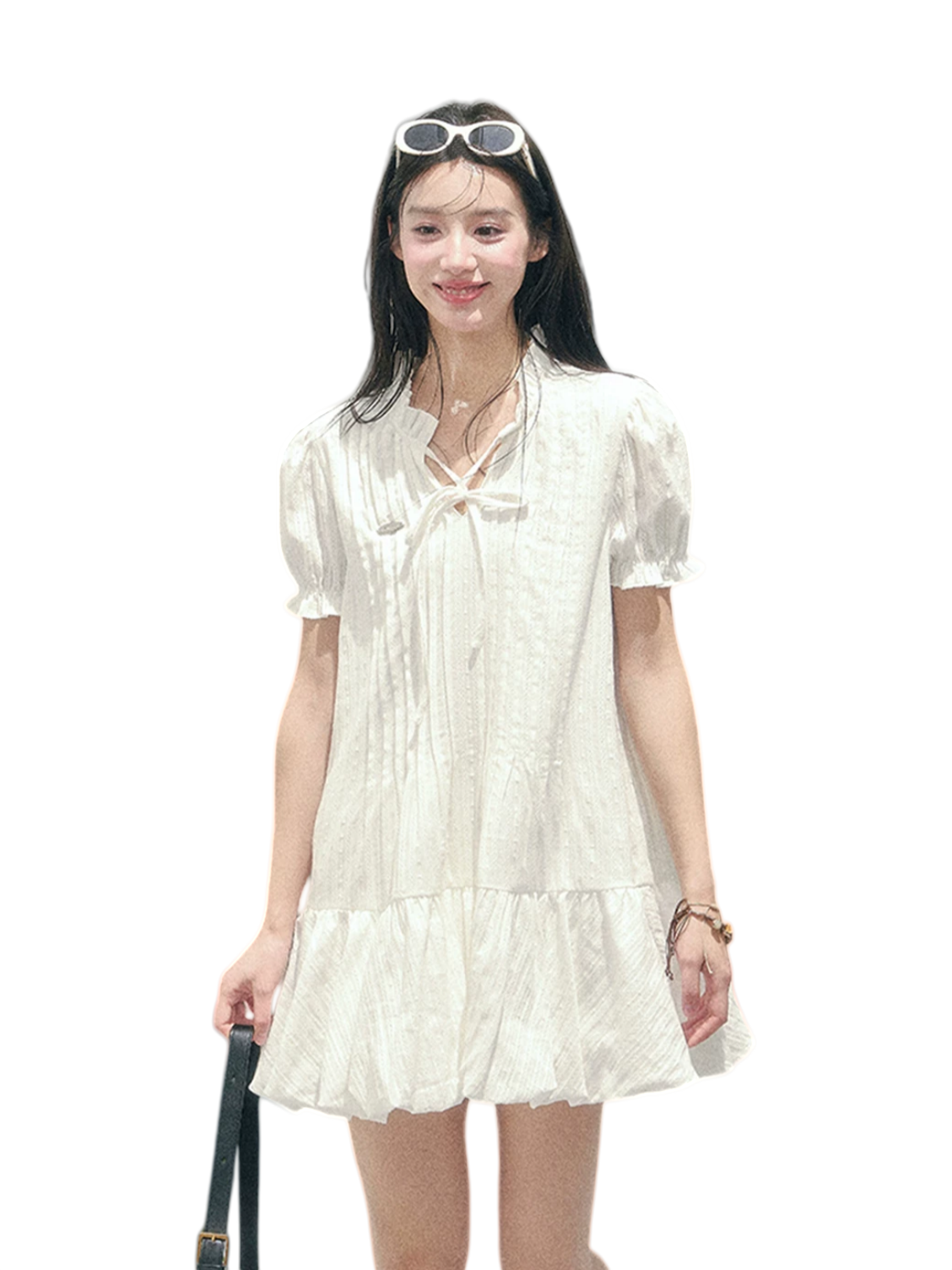 Soft Pleated Puff-Sleeve Mini Dress