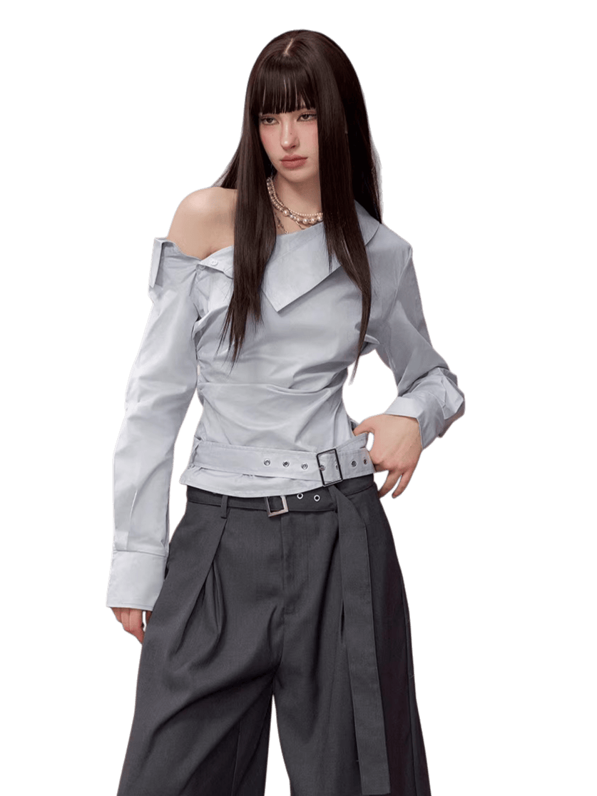 Ruched Belted Cropped Cotton Shirt