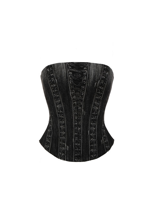 Denim Blue & Black Printed Fishtail Corset - CHINASQUAD