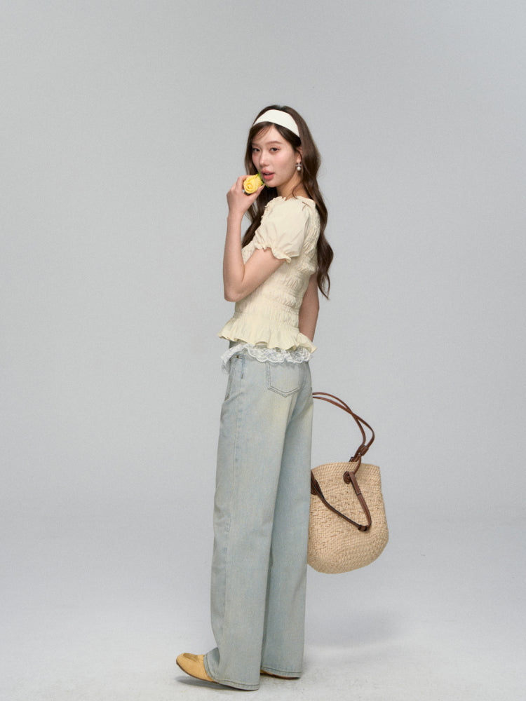 Three-Dimensional Flower Pleated Short-Sleeve Blouse - CHINASQUAD