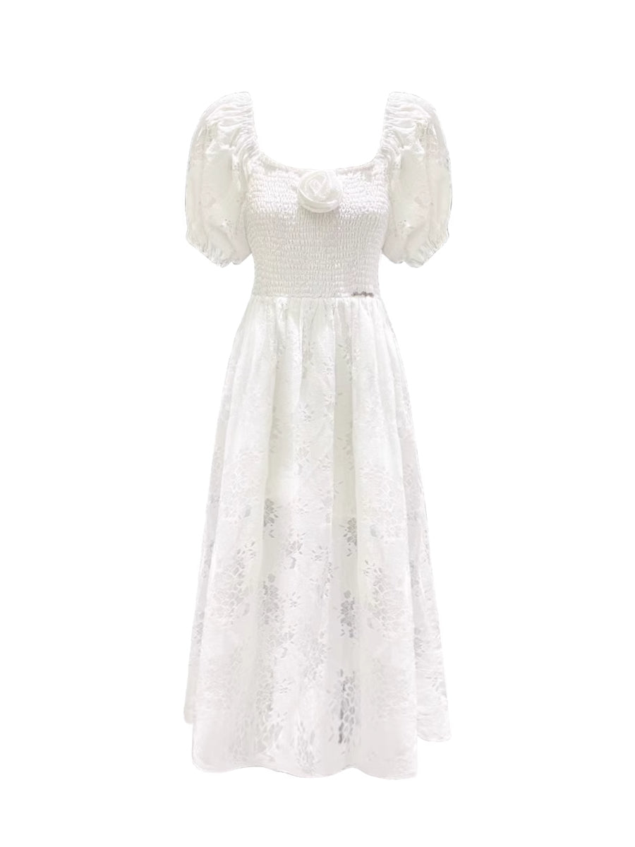 Puff-Sleeve Flower Hollowed Dress - CHINASQUAD