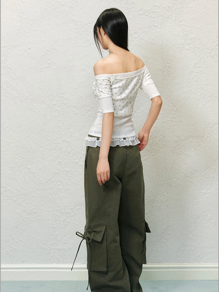 Off-Shoulder Fake Two-piece Color Block T-shirt - CHINASQUAD